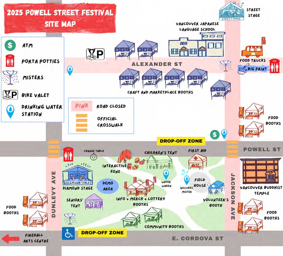 パウエル祭2025、オッペンハイマー公園とその周辺のイベント関連マップ。By The Powelll Street Festival Society