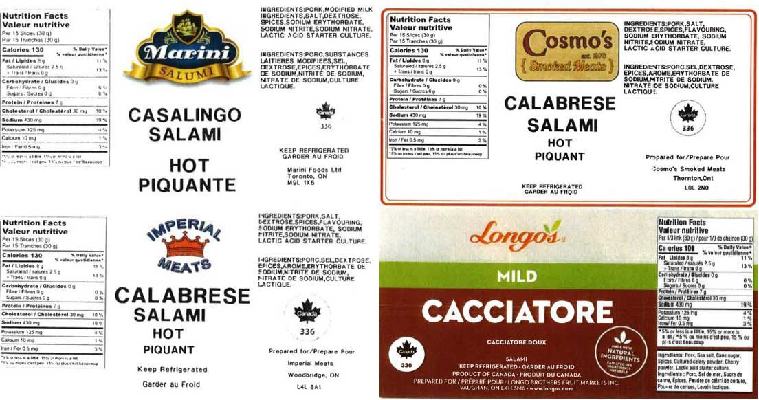リコール対象製品の一部。カナダ食品検査庁（CFIA）ウェブサイトより。