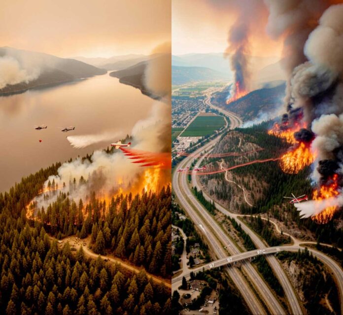 BC Wildfire Serviceが共有したAIで生成された山火事画像2枚。From BC Wildfire Service Facebook