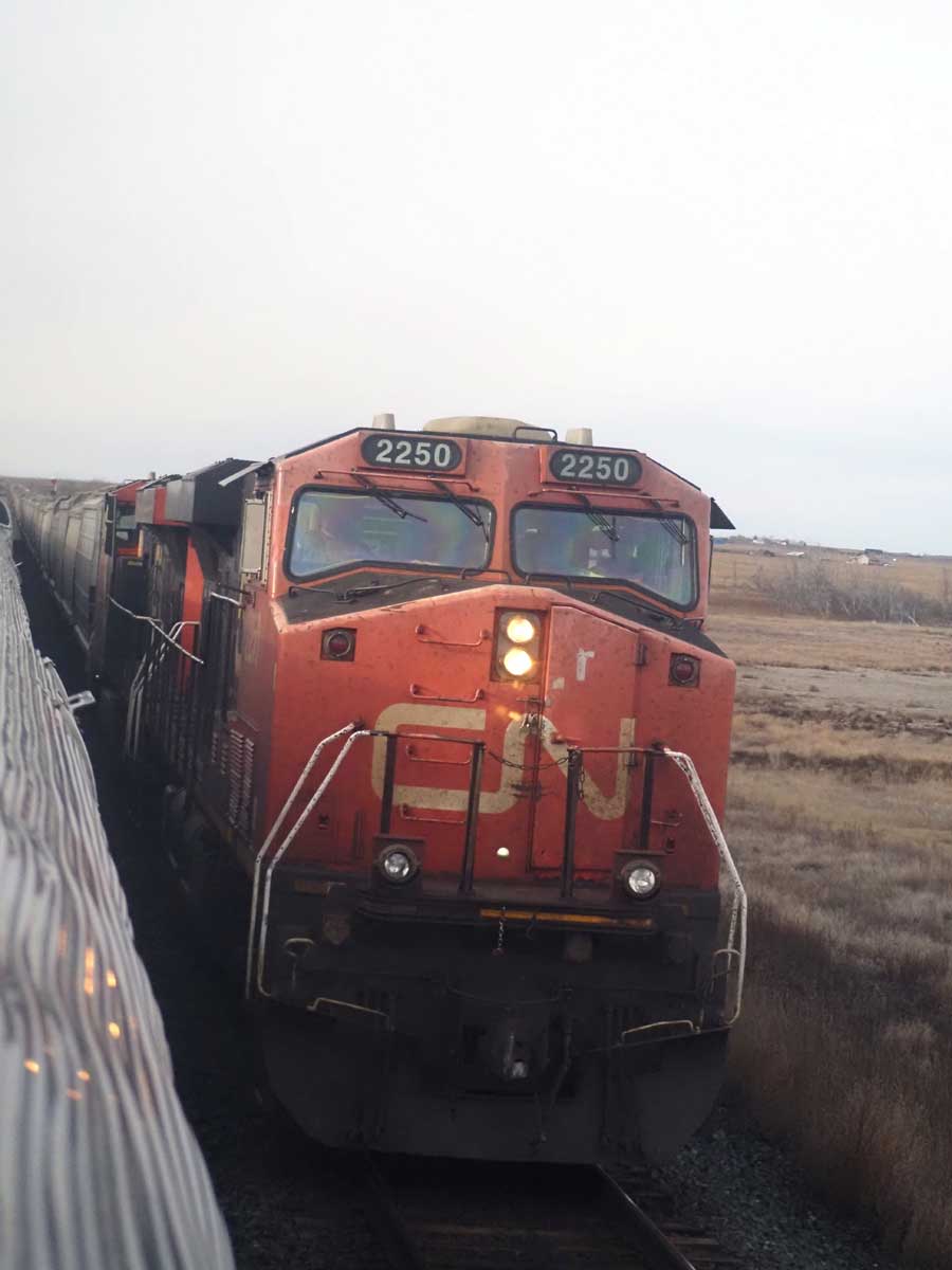 「カナディアン」とすれ違うカナディアン・ナショナル鉄道(CN)の貨物列車(2023年12月、大塚圭一郎撮影)