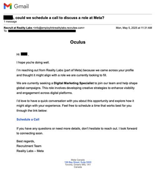 メタ(Meta)の研究部門「Reality Labs」を名乗る詐欺メール。宛先に個人名や応募を希望するポジション名が記載され、正規の採用連絡と見分けがつきにくい内容となっている。画像:田上麻里亜