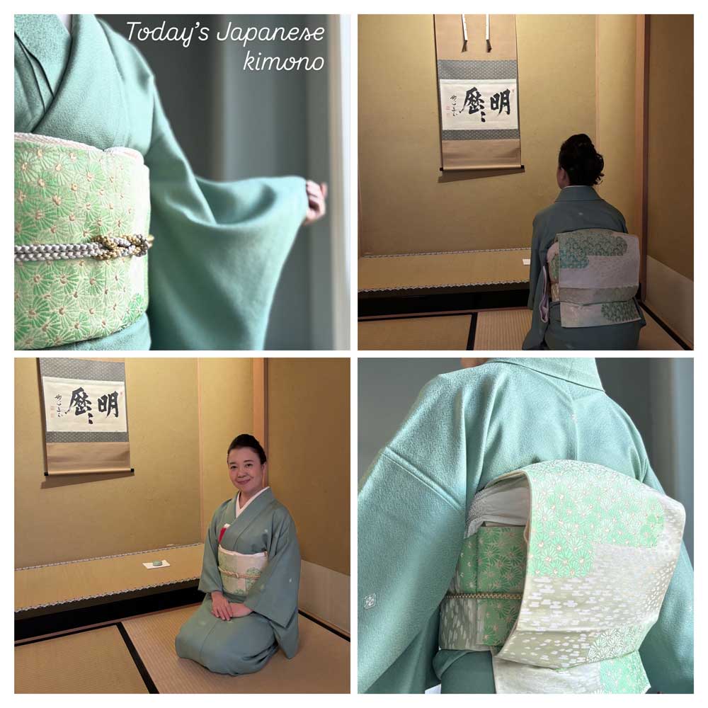 「裏千家茶道の初寄せの席にてー地紋に家紋が入っている礼装着物、松の金銀糸が織り込まれている袋帯」BY コナともこ