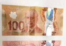 メトロバンクーバーで偽札急増、警察が注意を呼びかける 100ドル札、50ドル札の偽札。Photo from Nanaimo RCMP website