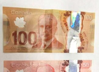 メトロバンクーバーで偽札急増、警察が注意を呼びかける 100ドル札、50ドル札の偽札。Photo from Nanaimo RCMP website