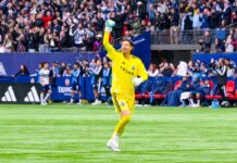 ホワイトキャップス西トップに!高丘は今季すでに4度目のクリーンシート ホワイトキャップスの得点に喜ぶGK高丘。2026年4月11日、バンクーバー市BCプレース。Photo by Koichi Saito/Japan Canada Today