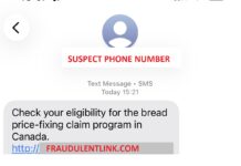 「パン集団訴訟」「牛乳集団訴訟」和解金の詐欺テキストに注意 カナダ不正対策センターがXに紹介した偽テキスト。Image from X by Canadian Anti-Fraud Centre