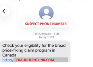 「パン集団訴訟」「牛乳集団訴訟」和解金の詐欺テキストに注意 カナダ不正対策センターがXに紹介した偽テキスト。Image from X by Canadian Anti-Fraud Centre