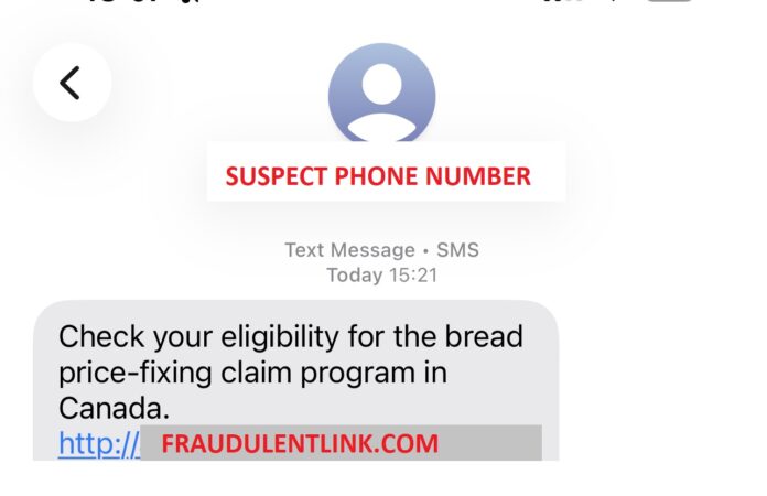 カナダ不正対策センターがXに紹介した偽テキスト。Image from X by Canadian Anti-Fraud Centre