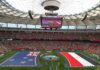 W杯グループG、エジプトが首位に躍り出る 試合開始前、両国の旗がピッチを覆う。2026年6月21日、バンクーバー市。撮影 三島直美/日加トゥデイ
