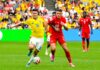 FIFAワールドカップ2026:スイスがバンクーバーで3連勝、コロンビアとの接戦を制してベスト8へ 激しく競り合うコロンビアのキャプテン、ロドリゲス(左)とスイスのキャプテン、シャカ。2026年7月7日、バンクーバー市。撮影 斉藤光一/日加トゥデイ