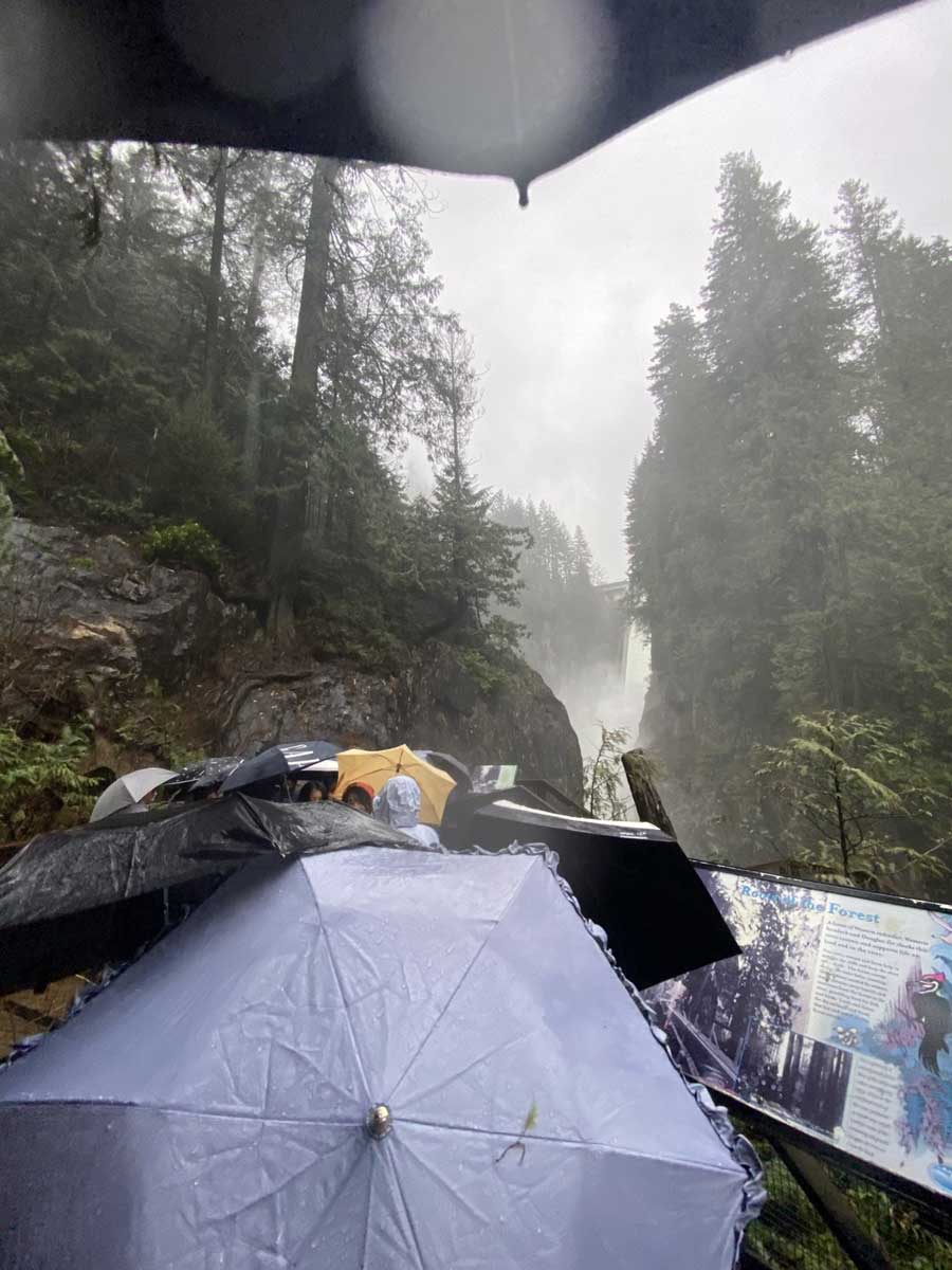 Capilano Hatchery のレインフォレスト散策中の一コマ。体が感じるすべての感覚を使ってカナダの原生林を感じる生徒たち。（2026年3月17日撮影　提供：AK Jump Educational Consulting Inc.）