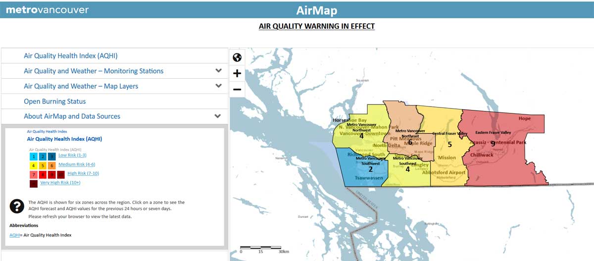 メトロバンクーバーの大気質健康指数(AQHI)。2026年8月6日。Metro Vancouverウェブサイトより