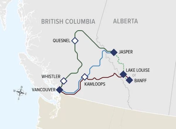 ロッキーマウンテニアの四つのコースの路線図(ロッキーマウンテニアのホームページから)