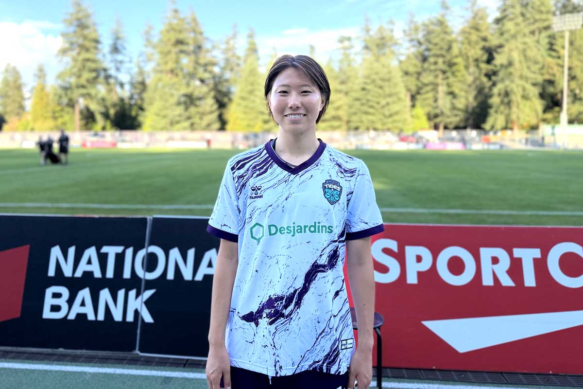 インタビューに答えたハリファックス・タイズFCの中村恵実選手。2026年9月5日、スワンガードスタジアム（バーナビー市）。撮影　田上麻里亜／日加トゥデイ