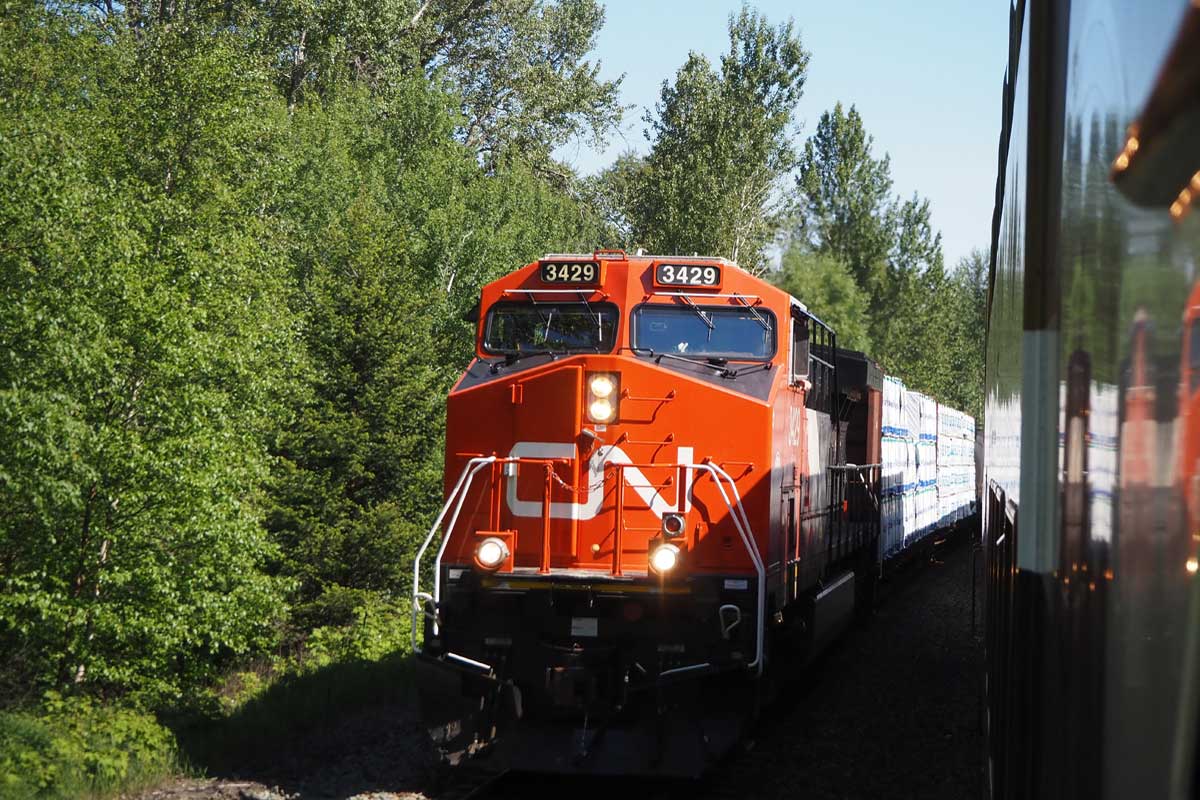 ロッキーマウンテニアとすれ違うカナディアン・ナショナル鉄道（ＣＮ）の貨物列車（ブリティッシュ・コロンビア州で大塚圭一郎撮影）
