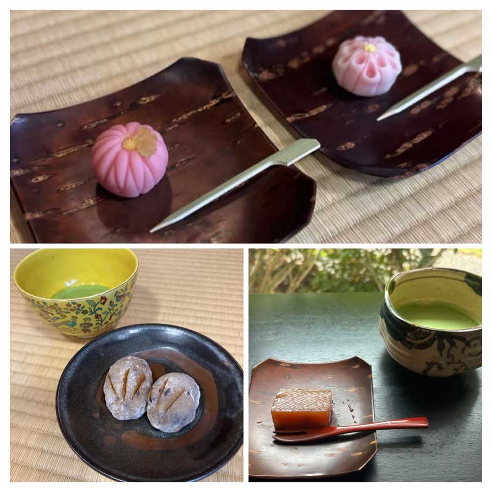 「季節の和菓子：菊の練り切り菓子（上）亥の子餅（左）柿の羊羹（右）」 By コナともこ